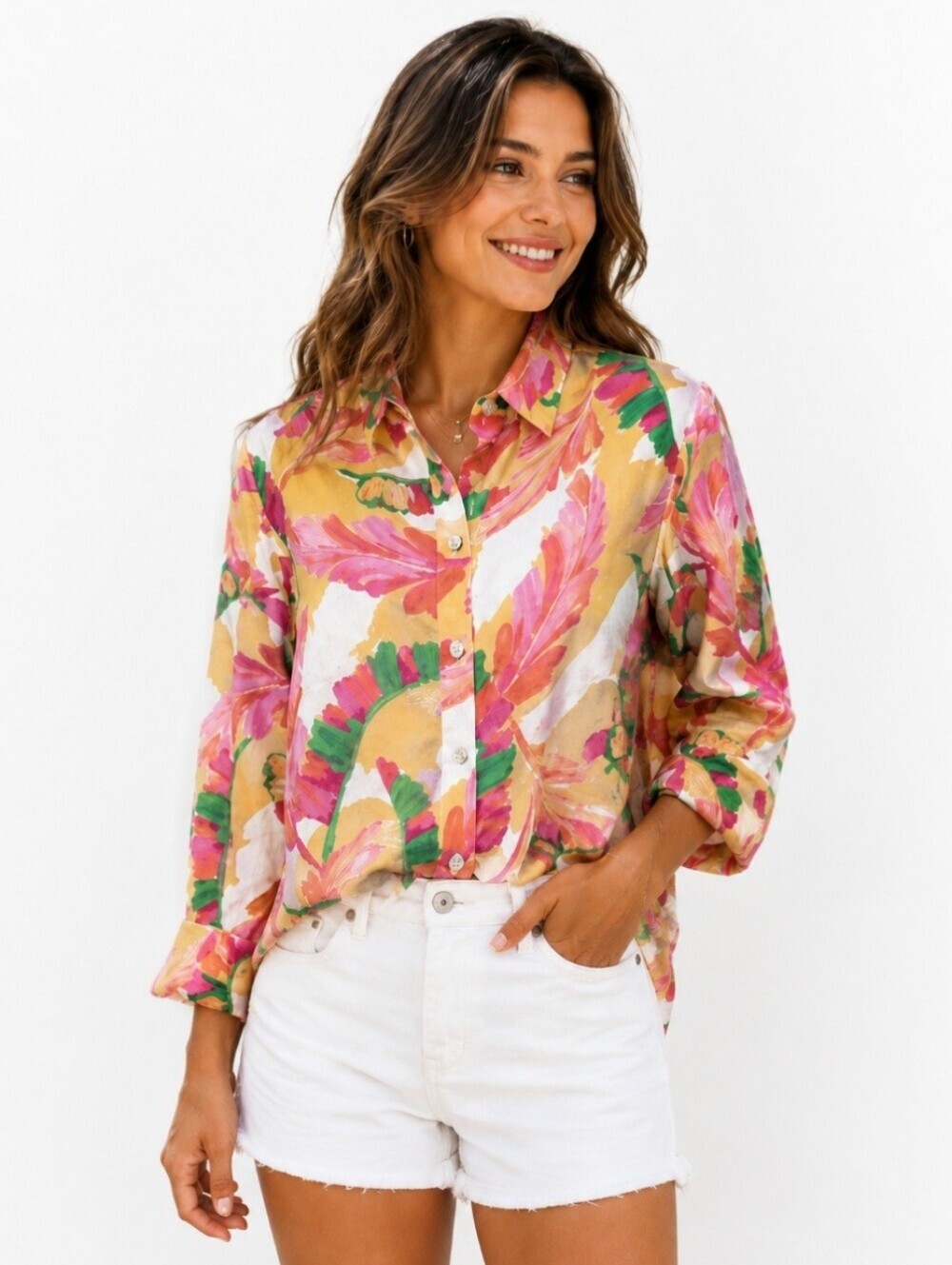 Chico’s 100% Linen Floral Button Front Blouse Women’s Size US 10 Pink Classic